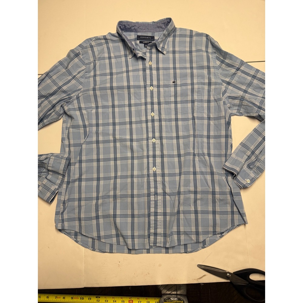 Crown & Ivy Mens XL Classic Fit Plaid Button Down Shirt Blue Southern Shirting